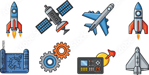 Flat Aerospace and Aviation Icon Set Featuring Rocket Satellite Airplane Spacecraft Gear Blueprint and Control Panel Elements for Technology and Space Design