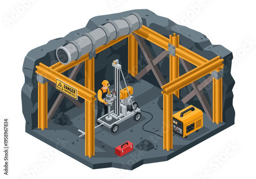 Construction worker operating drilling equipment in an underground tunnel with generator and safety gear