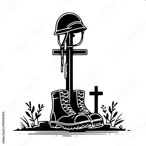 Minimalist outline of military memorial boots and helmet concept