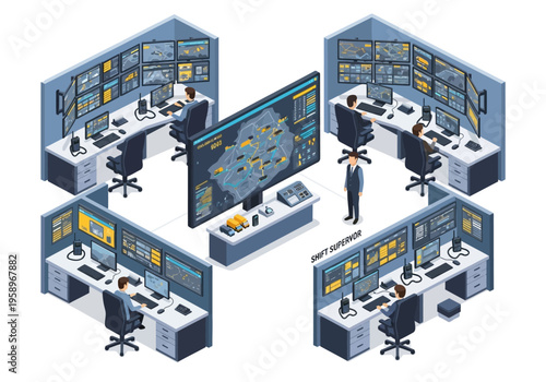 Modern surveillance and monitoring command center with multiple screens and operators