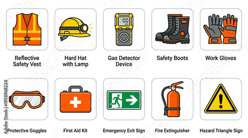 Safety gear and equipment icons for work environments and emergency preparedness