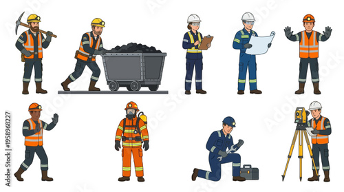 Coal mining professionals and safety gear in diverse occupational settings