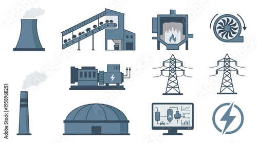 Industrial power generation and transmission infrastructure icons