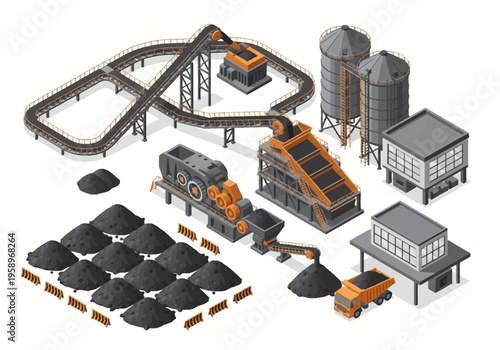 Industrial coal mining and processing plant with conveyor belts, crushers, silos, and storage piles