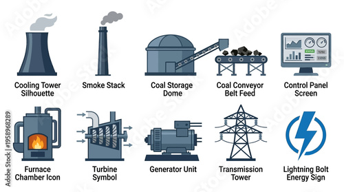 Industrial energy production icons including power plant components and control systems