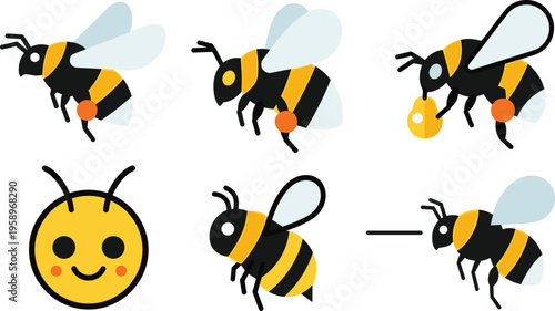 Flat Bumblebee Character Icon Set Featuring Flying Pollinator Insects with Different Wing Positions and Cute Expression for Nature and Ecology Design