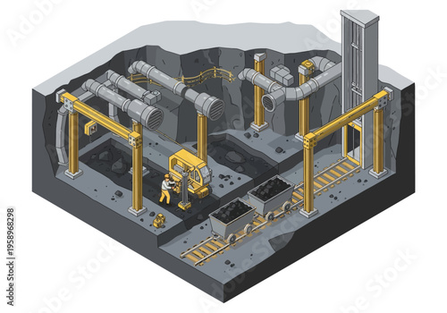 Underground mining operation with heavy machinery and coal carts in an isometric view