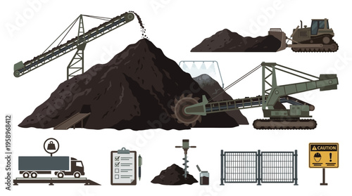 Industrial mining operations showcasing heavy machinery, material handling, and logistical equipment