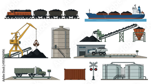 Industrial coal transportation and logistics illustrated elements for various modes of transport