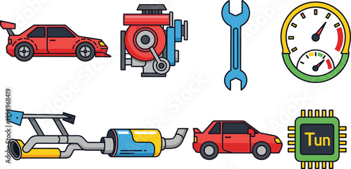 Flat Car Tuning and Automotive Repair Icon Set Featuring Engine Wrench Turbo Exhaust Gauge and Performance Upgrade Elements for Auto Service Design