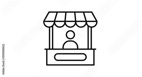 Simple black and white vector graphic illustration depicting a vendor character standing at a classic market stall with an awning structure