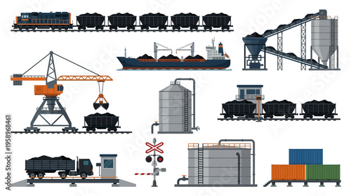 Industrial logistics and transportation of bulk commodities like coal using trains, ships, and cranes