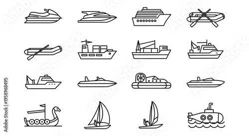 A comprehensive collection of minimalist outline vector graphic icons depicting various types of water transportation vessels and nautical craft