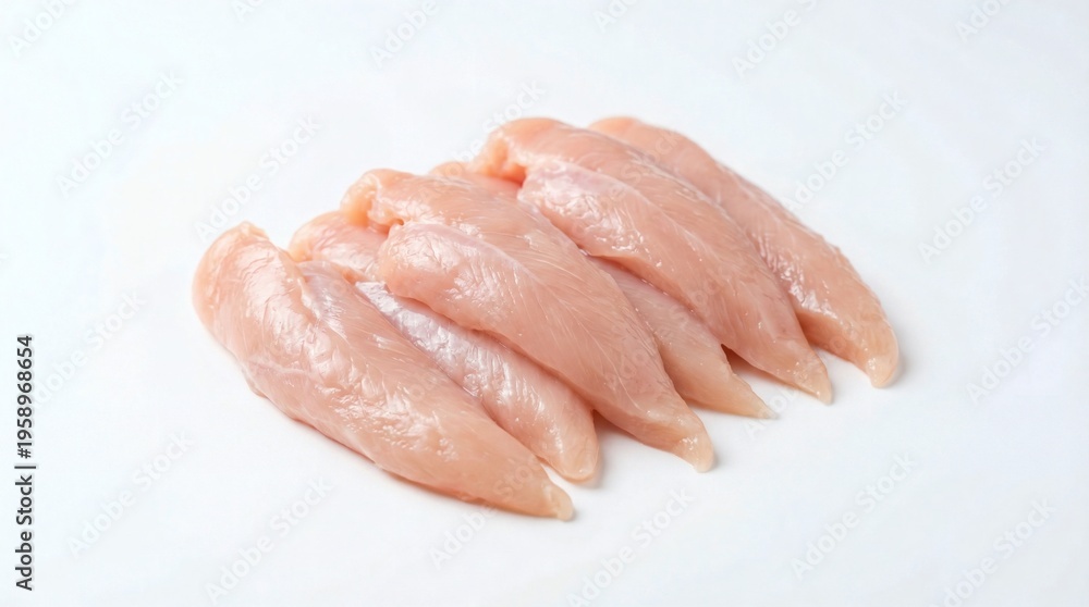 Fototapeta premium Raw chicken breast strips isolated on white background with white meat