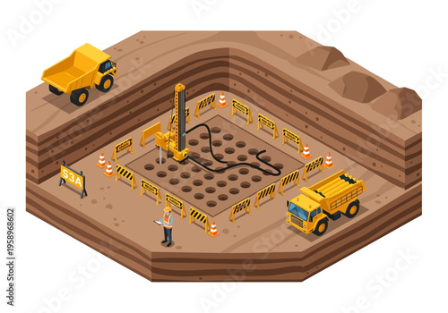 Isometric construction site with heavy machinery and workers, depicting drilling and excavation in progress
