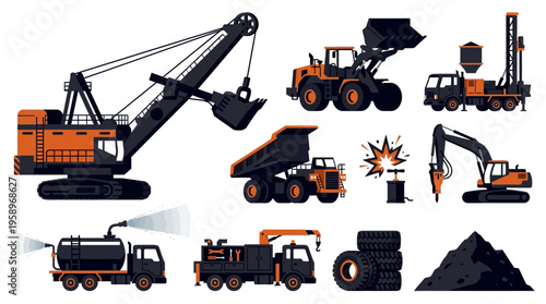Collection of heavy machinery and construction equipment used in mining and large-scale projects
