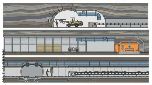 Detailed Cross-Sectional View of an Underground Tunnel Construction and Operation