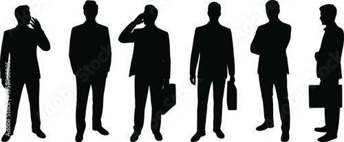 Business men silhouette set, professional poses with briefcase, talking phone, standing figures, corporate people, black vector illustration, isolated design collection