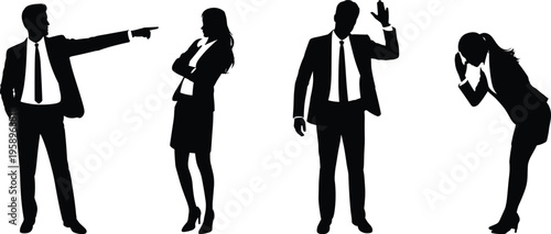 Business people silhouette collection office interaction communication conflict teamwork corporate professionals poses black white illustration set modern design people silhouette collection office 