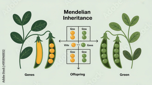 Mendelian inheritance diagram showing genetic traits in pea plants with gene flowchart