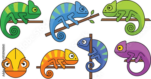 Flat Chameleon Character Pose Set Featuring Colorful Reptile Variations on Branches with Different Positions for Wildlife and Nature Illustration Design