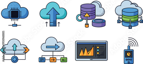 Flat Cloud Computing and Data Storage Icon Set Featuring Upload Download Database Server Analytics and Wireless Technology Elements for Digital Design