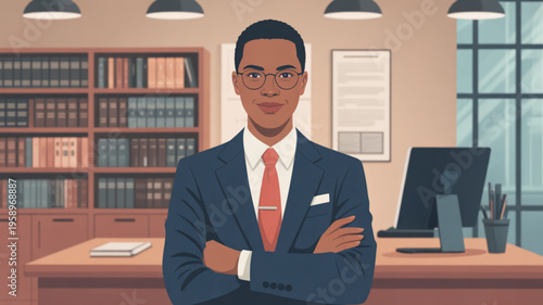 Confident businessman standing in office with arms crossed looking professional and determined