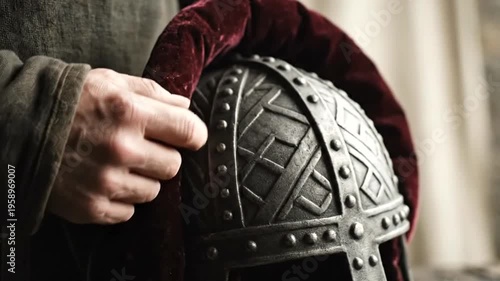 Medieval knight helmet on velvet cushion.