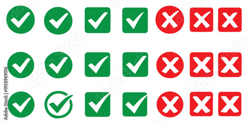 Green Check Mark and Red Cross Icon Set – Verified, Approved and Rejected Symbols Collection