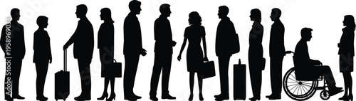 Business people queue silhouette diverse professionals waiting line luggage wheelchair inclusion black white illustration corporate travel concept modern design