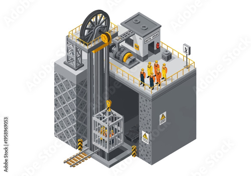 Isometric view of a mining operation with workers overseeing a cage elevator system