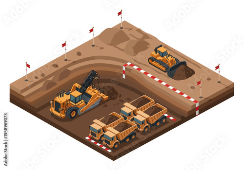 Industrial excavation site with heavy machinery and dump trucks, busy construction operation
