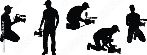 Cameraman silhouette collection videographer filming video production media photographer shooting equipment black white illustration professional poses modern design concept