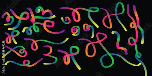 Vibrant multicolored neon squiggles on a black background