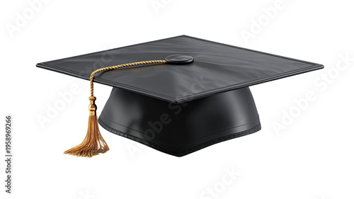 Black graduation cap with golden tassel mortarboard academic education degree ceremony student success achievement milestone isolated on white background