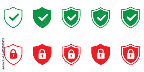 Shield Security Icons Set with Check Mark and Lock – Protection, Privacy, Verified and Data Safety Symbols, Line and Solid Vector Collection