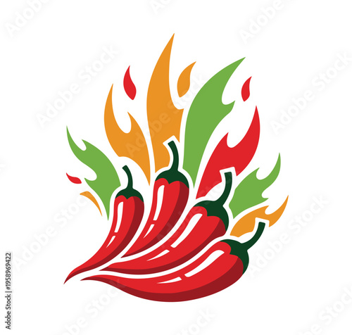 Spicy Red Chili Peppers and Colorful Fire Flames Illustration
