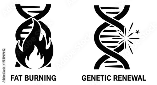 DNA icons, genetic symbols, fat burning, renewal vector graphics