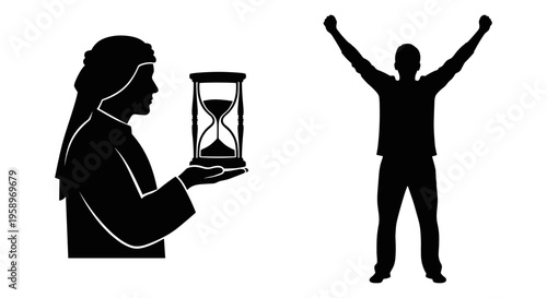 Time, freedom, and justice vector icons, black silhouettes, law and liberty symbols