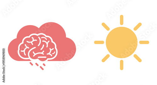 Mental health, brain, emotions, sunny, cloud icons