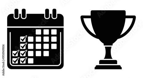 Business icons, calendar and trophy symbols, black vector graphics, office and achievement illustrations