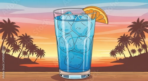 Refreshing Blue Cocktail with Orange Slice at Sunset Beach.