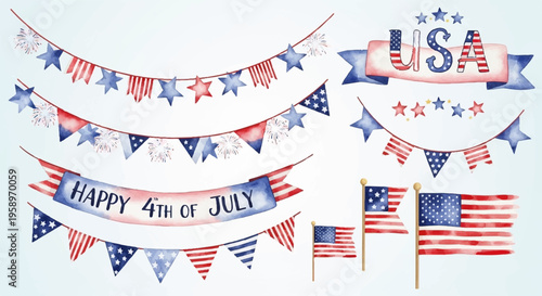 Patriotic banners, USA flags, 4th of July decorations, American flag garlands, red white blue
