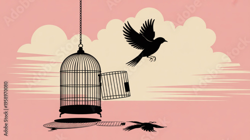 Birds escaping from an open cage against a pastel pink background with clouds