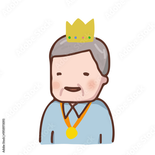 王冠&金メダルを備えた笑顔のシニア男性のイラスト（お祝い）