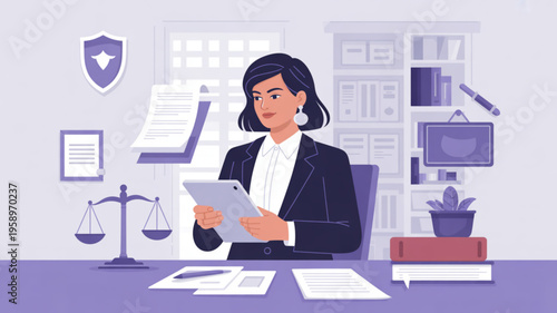 Female lawyer or judge in office with legal documents and scales of justice representing law and order