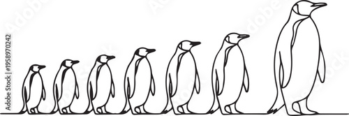 Continuous line drawing of a group of penguins in a row, concept of family and leadership.