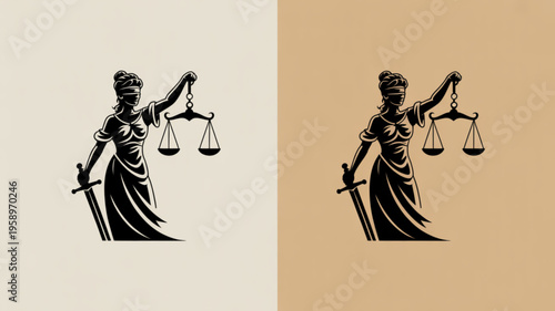 Justitia holding scales and sword in black silhouette on split beige and brown backgrounds representing law and justice