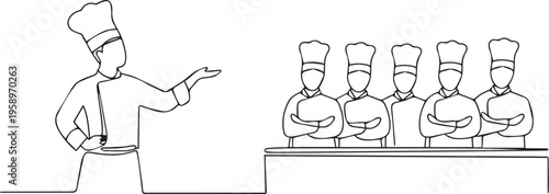 Continuous line drawing of a head chef presenting his professional cooking team.