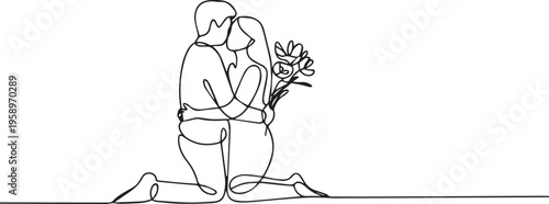 Continuous line drawing of a romantic couple hugging and holding flowers on their knees.